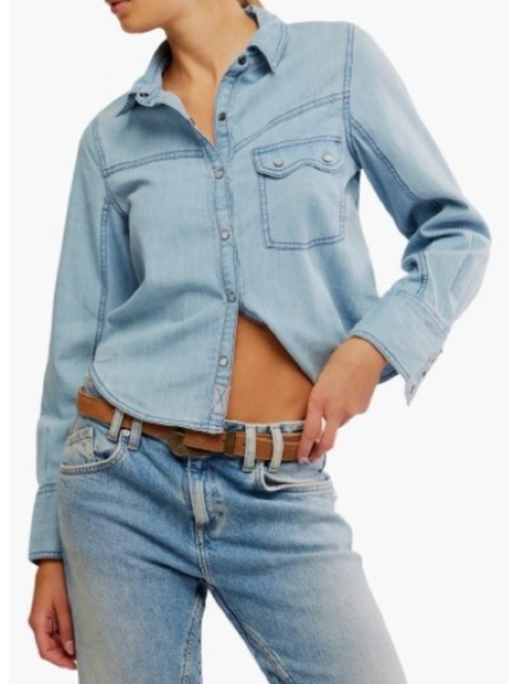 We The Free Free People Shrunken Cotton Denim Shirt light wash Women size L NWT